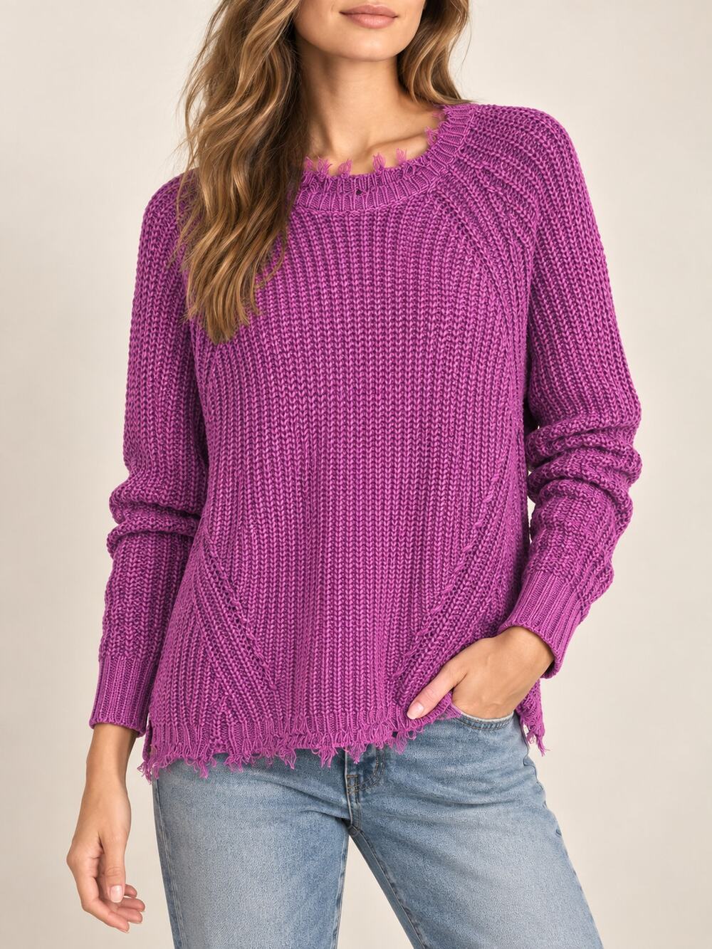 Lisa Todd Womens Sweater Medium Purple Dristressed Crewneck Chunky Knit Pullover